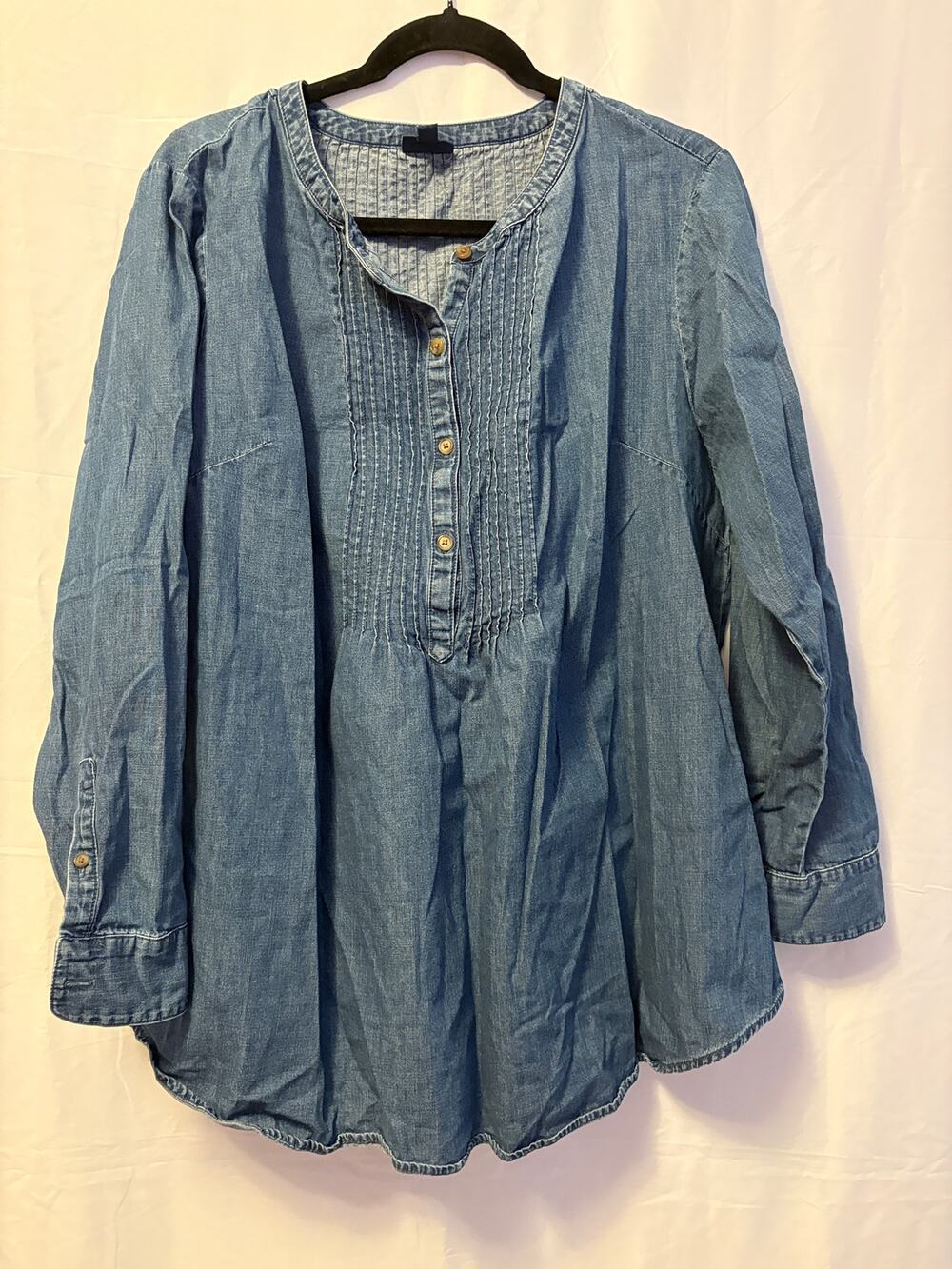 J.Jill Denim Pintuck Tunic Top Blue Henley Blouse Long Sleeve Women's  Sz XL